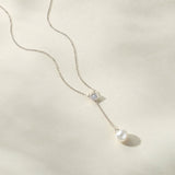 Ione bezel crystal pearl lariat necklace (silver)