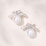 Knot zirconia and pearl bow earrings (silver)