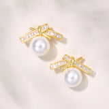 Knot zirconia and pearl bow earrings (gold)