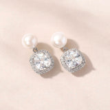 Lumera cushion-cut halo crystal and pearl drop earrings (silver)