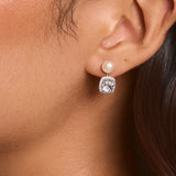 Lumera cushion-cut halo crystal and pearl drop earrings (silver)