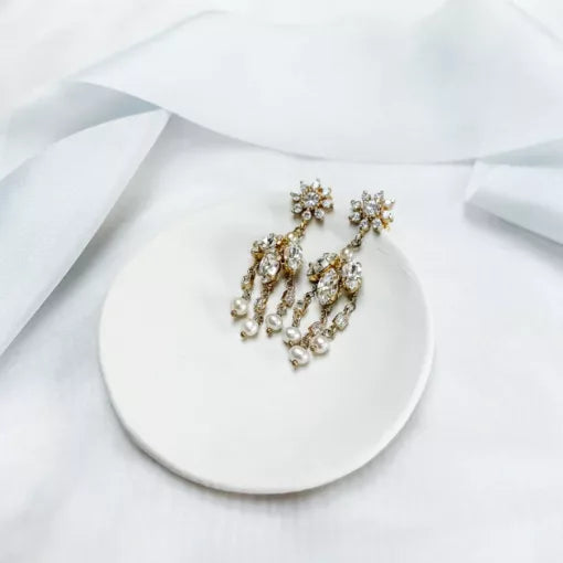 Marguerite crystal and pearl chandelier earrings (gold) - Liberty in Love