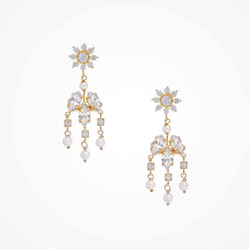 Marguerite crystal and pearl chandelier earrings (gold) - Liberty in Love