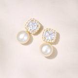 Muse square zirconia and pearl earrings (gold)