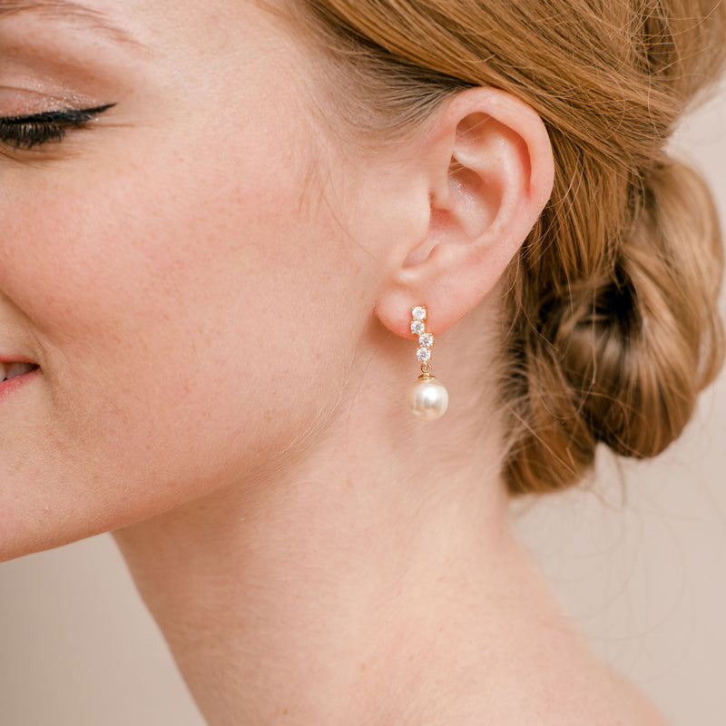Quattro crystal and pearl drop earrings (gold) - Liberty in Love