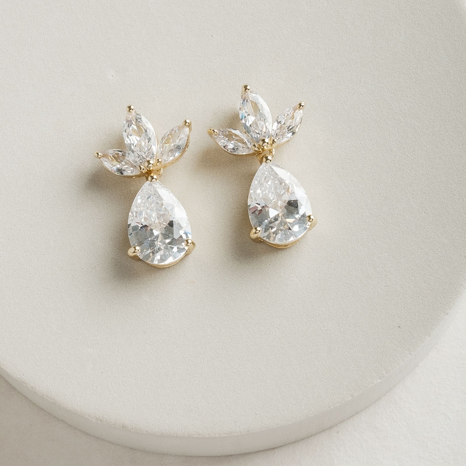 Women's Cubic Zirconia Bridal Earrings - Gold Plated Teardrop Floral Wedding Earrings