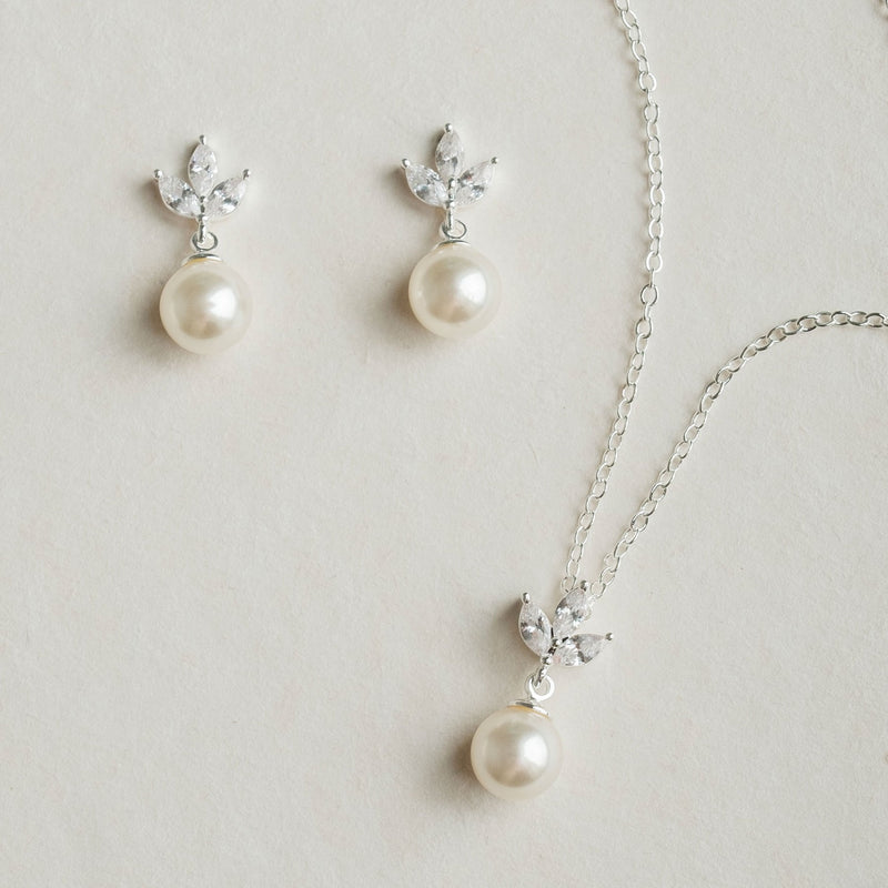 Romy navette pearl drop earrings and necklace set (silver