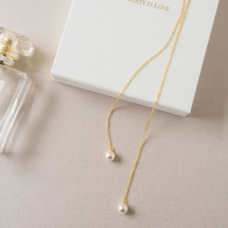 Round pearl droplet lariat necklace (gold) - Liberty in Love