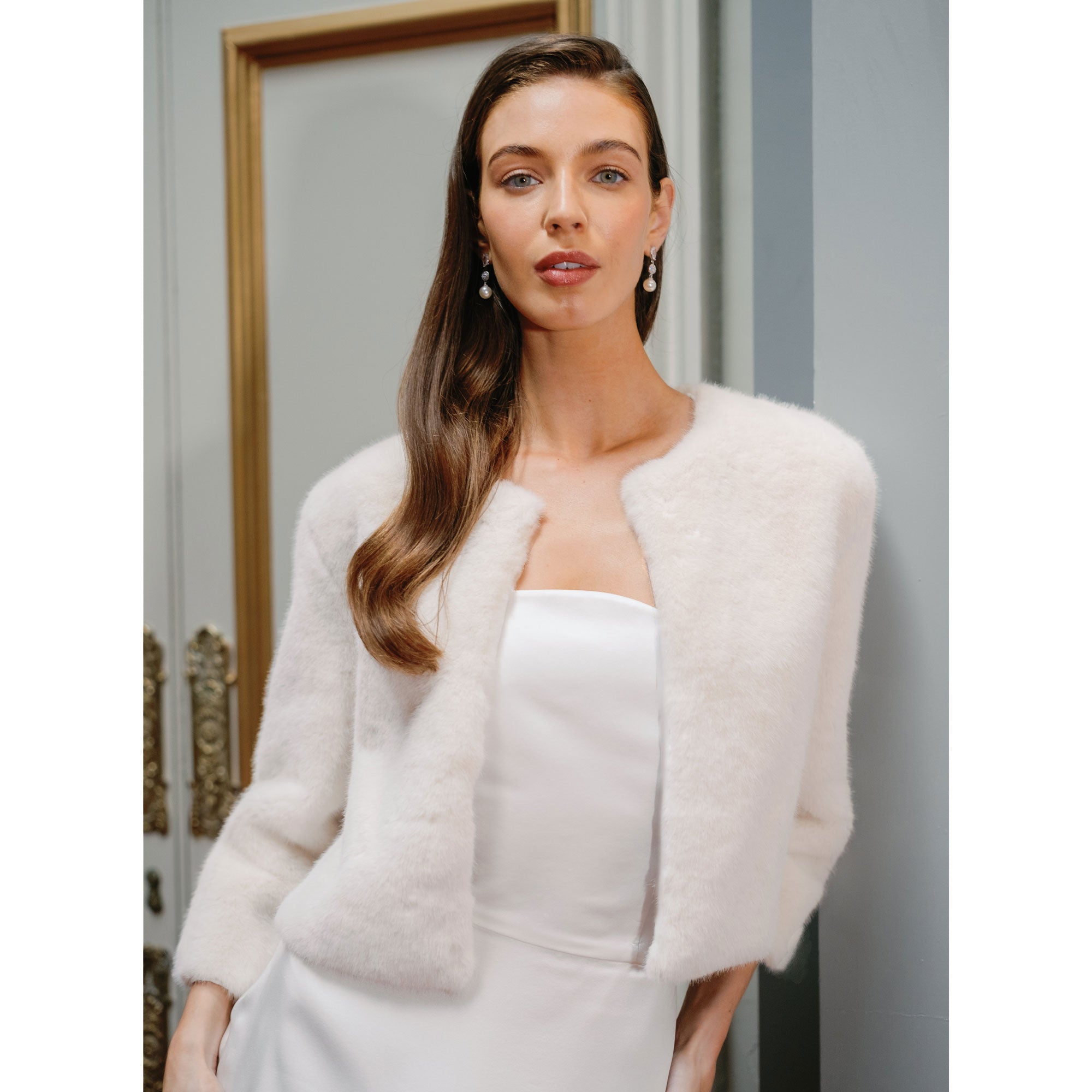 Serafina ivory faux fur bridal jacket | Liberty in Love