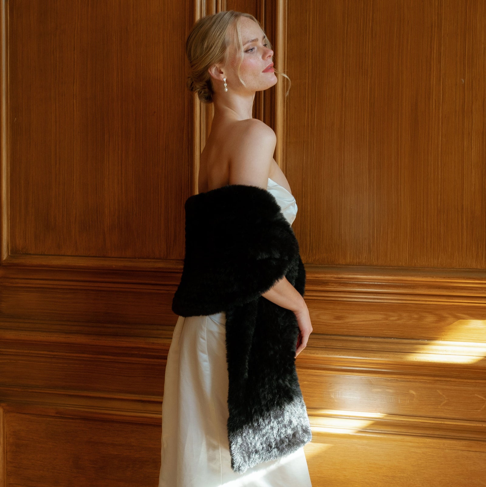 Sia black faux fur hand-knitted bridal wrap