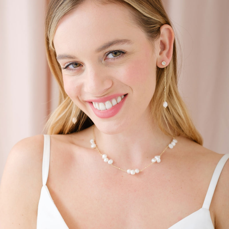 Single freshwater pearl and crystal chain drop earrings (gold)