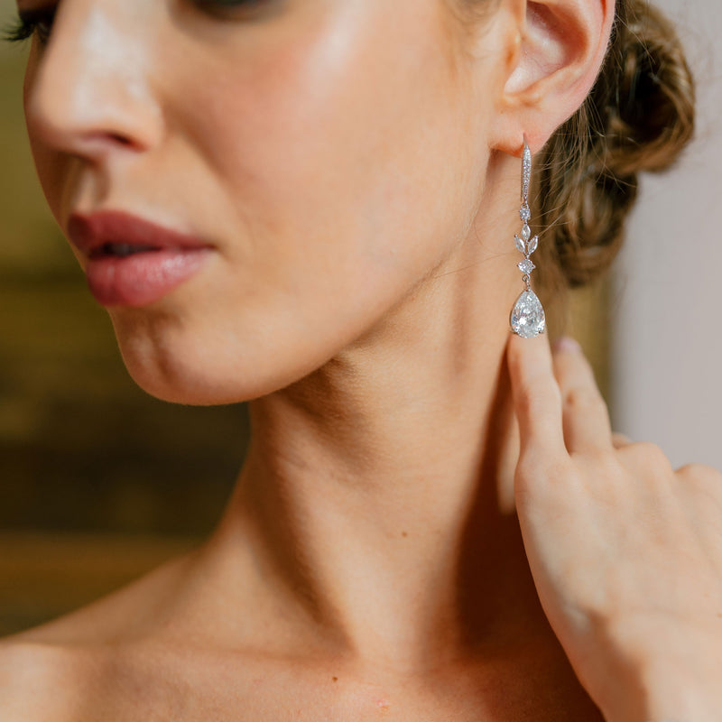 Tala long drop crystal teardrop ear-hook earrings (silver) - Liberty in Love