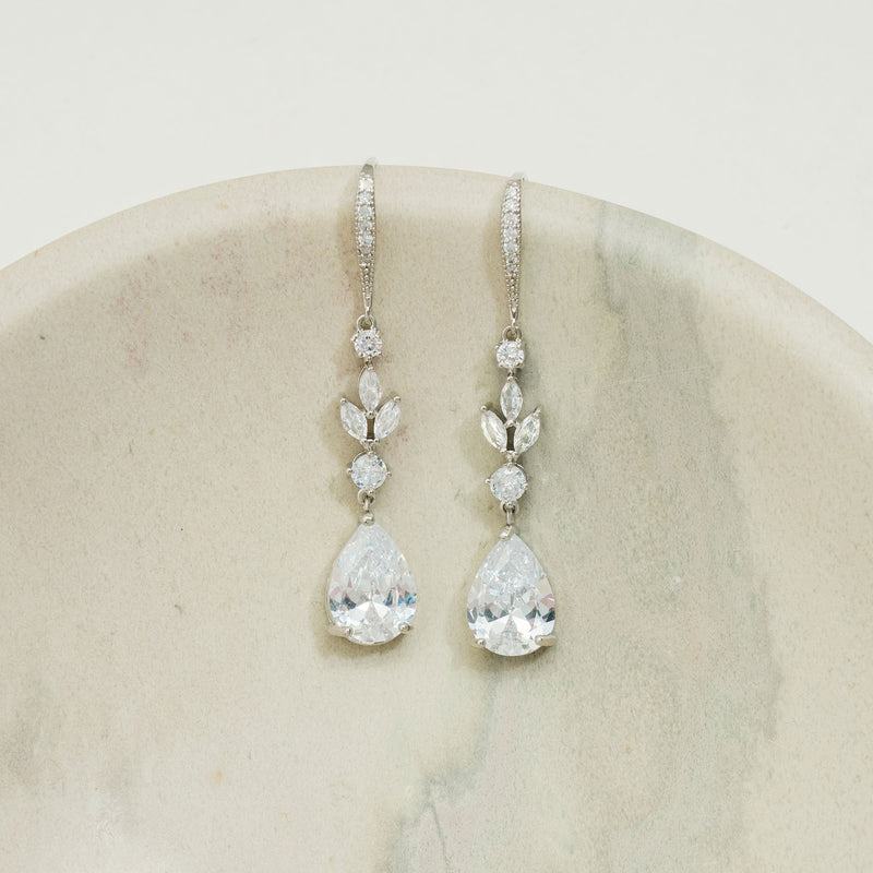 Tala long drop crystal teardrop ear-hook earrings (silver) - Liberty in Love