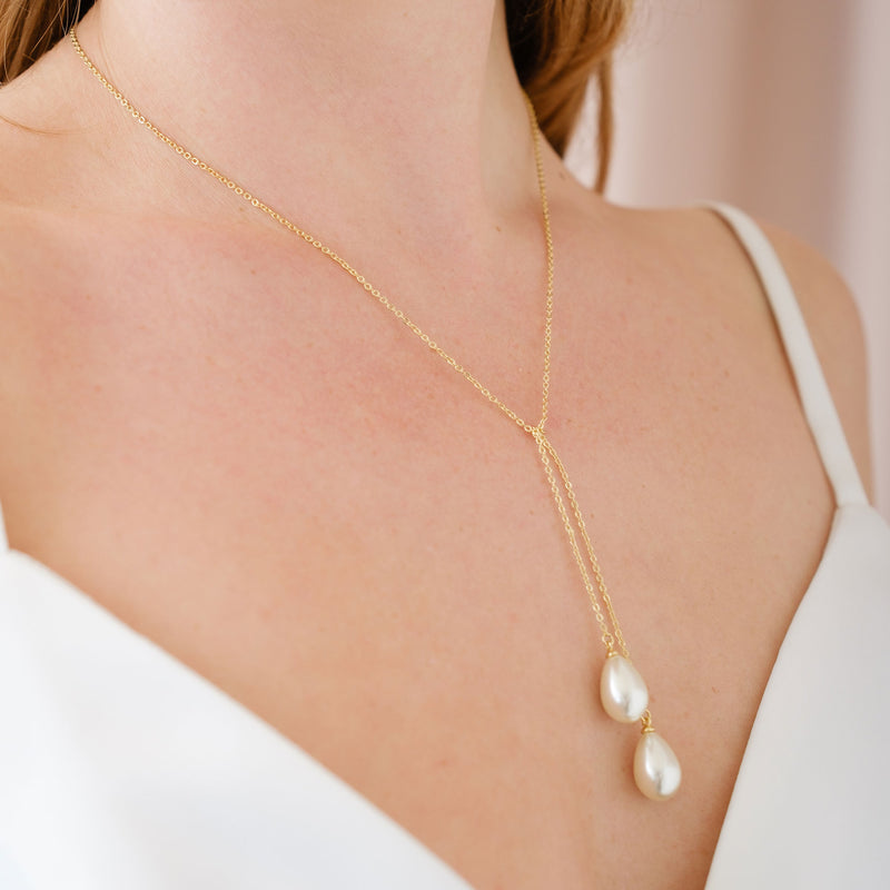 Teardrop pearl droplet lariat necklace (gold)