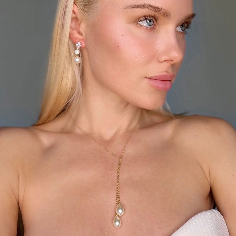 Teardrop pearl droplet lariat necklace (gold) - Liberty in Love
