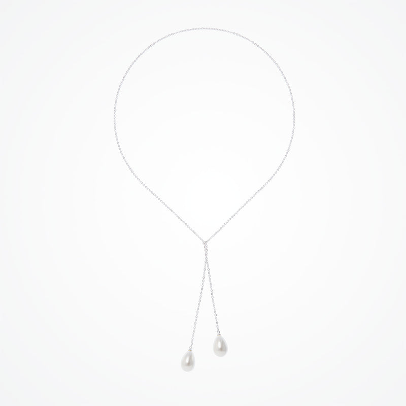 Teardrop pearl droplet lariat necklace (silver) - Liberty in Love
