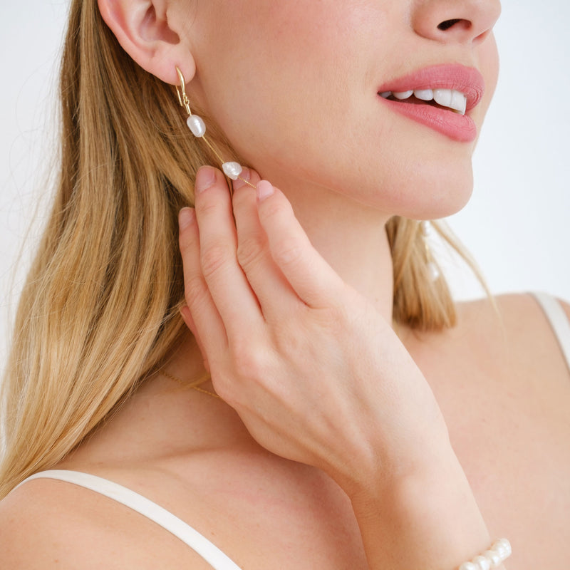 Triple freshwater pearl long drop earrings (gold) - Liberty in Love
