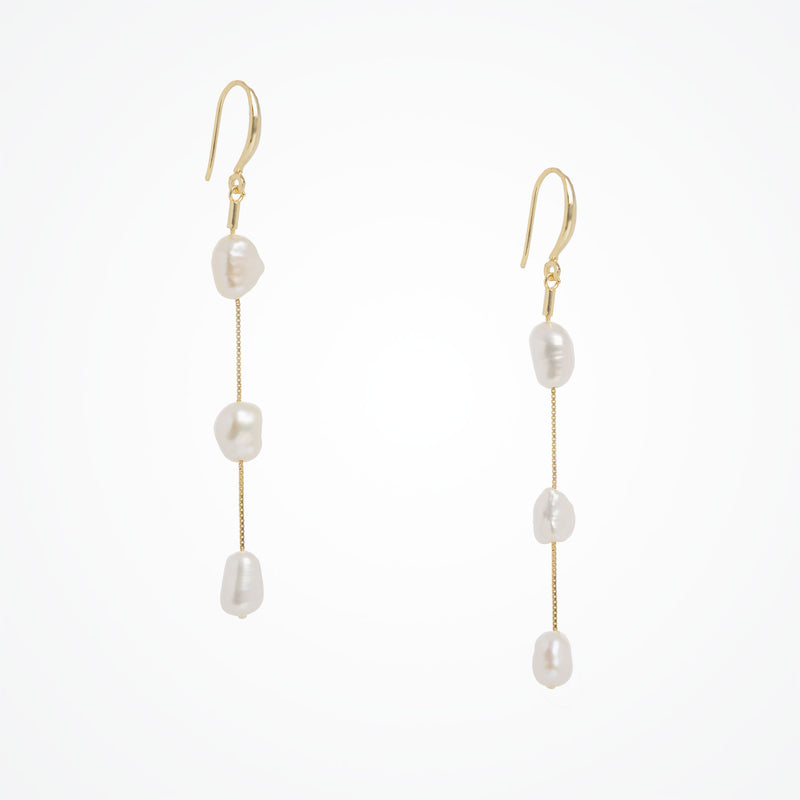 Triple freshwater pearl long drop earrings (gold) - Liberty in Love
