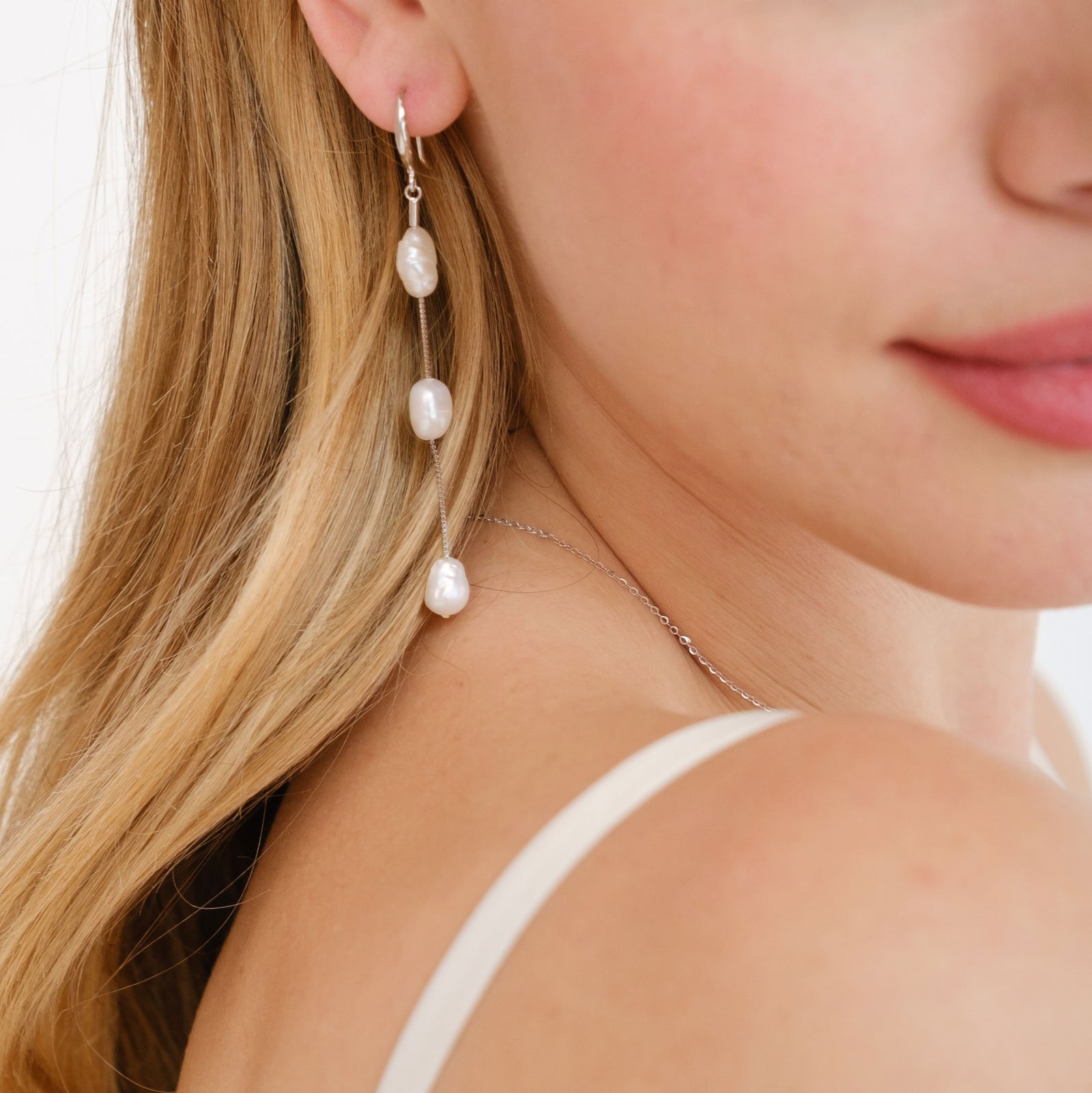Triple freshwater pearl long drop earrings silver Liberty in Love