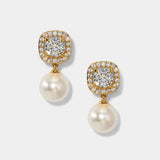 Under the Sea cushion halo pearl drop earrings (gold)