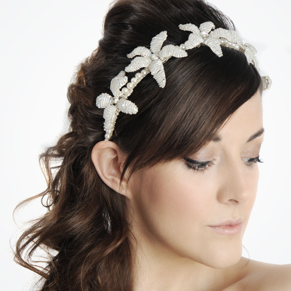 White flower headband Wonderland beaded flower headband Fabledreams