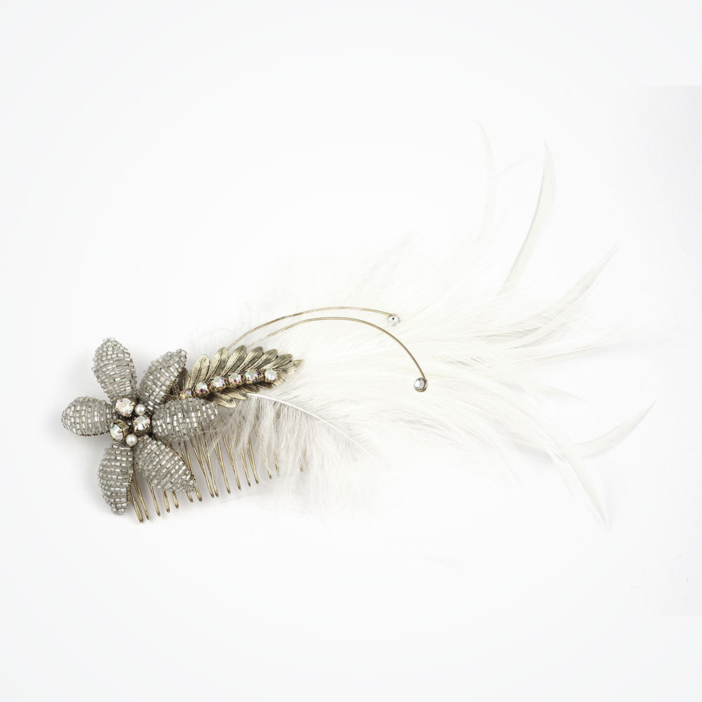 Fairytale beaded flower feather comb