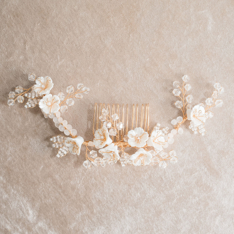 Aveline II floral beaded crystal sprig hair comb - Liberty in Love