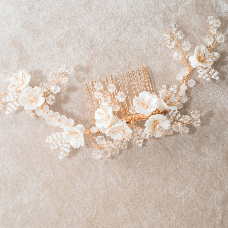 Aveline II floral beaded crystal sprig hair comb - Liberty in Love