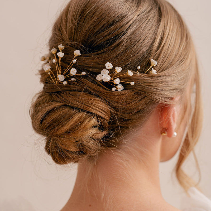 Baby's breath freshwater pearl hair pins (gold) - Liberty in Love