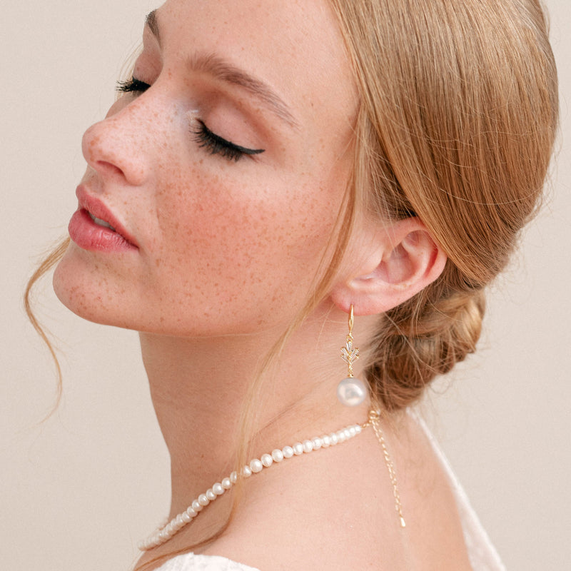 Crystal fan pearl drop earrings (gold) - Liberty in Love