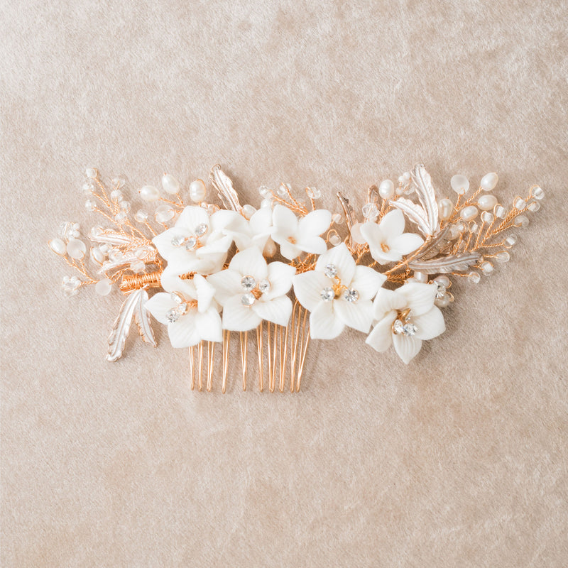 Elisabetta I ivory clay floral gold hair comb - Liberty in Love