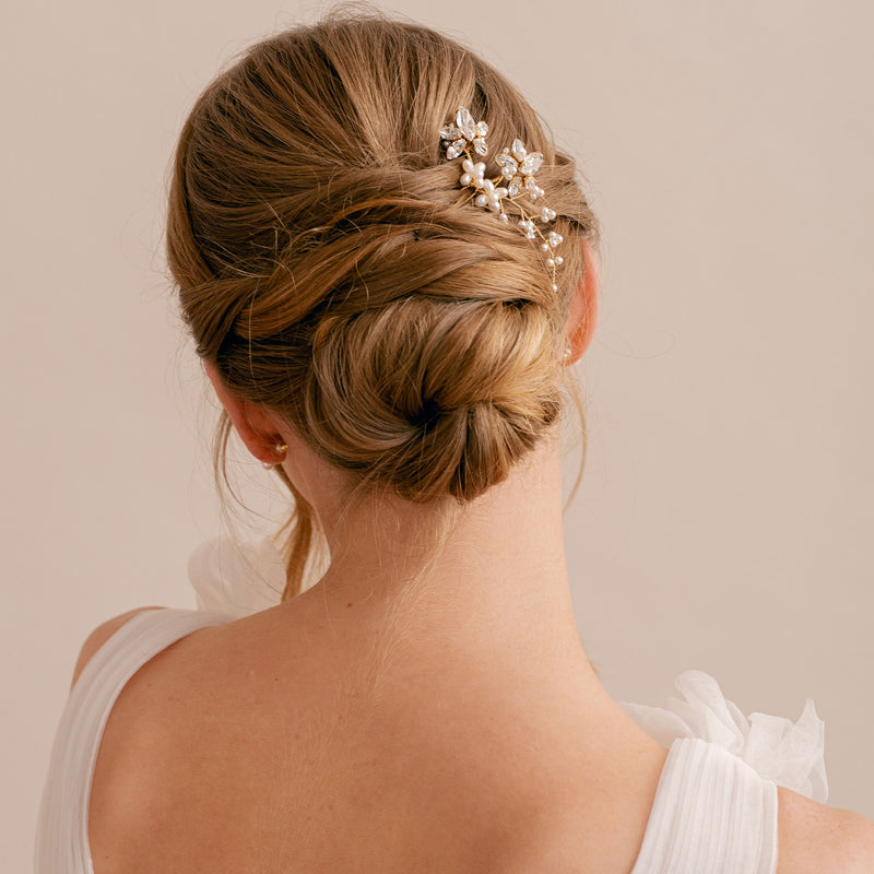 Fern crystal and pearl floral gold hair pin - Liberty in Love