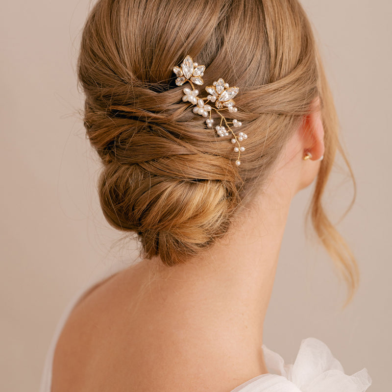Fern crystal and pearl floral gold hair pin - Liberty in Love