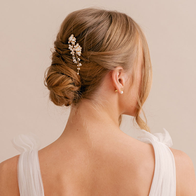 Fern crystal and pearl floral gold hair pin - Liberty in Love