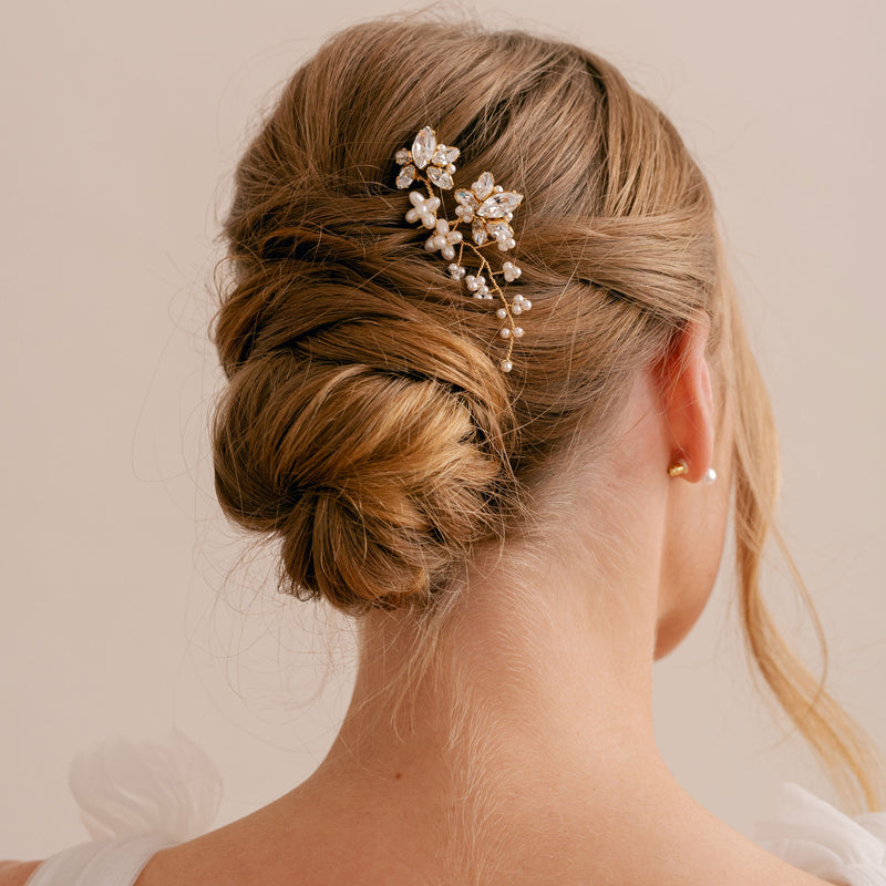Fern crystal and pearl floral gold hair pin - Liberty in Love