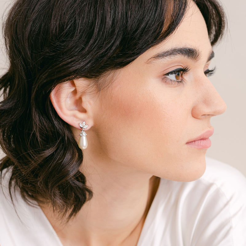 Fleurette navette teardrop pearl earrings and necklace set (silver) - Liberty in Love