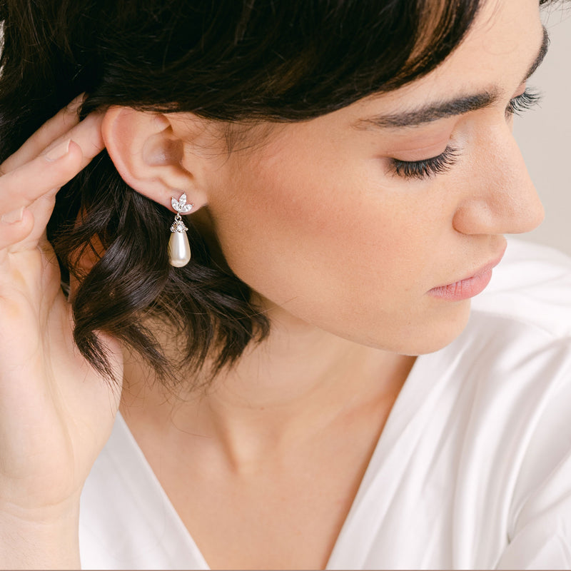 Fleurette navette teardrop pearl earrings (silver) - Liberty in Love