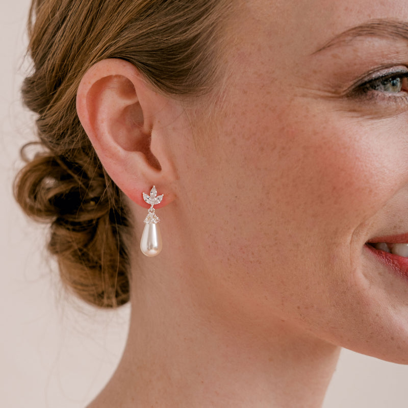 Fleurette navette teardrop pearl earrings and necklace set (silver) - Liberty in Love