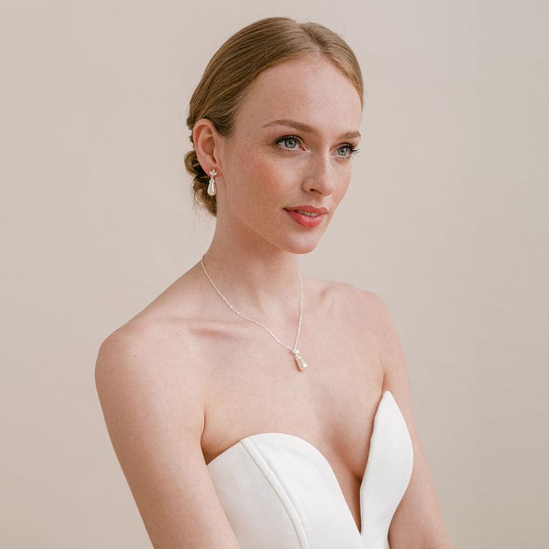 Fleurette navette teardrop pearl earrings and necklace set (silver) - Liberty in Love