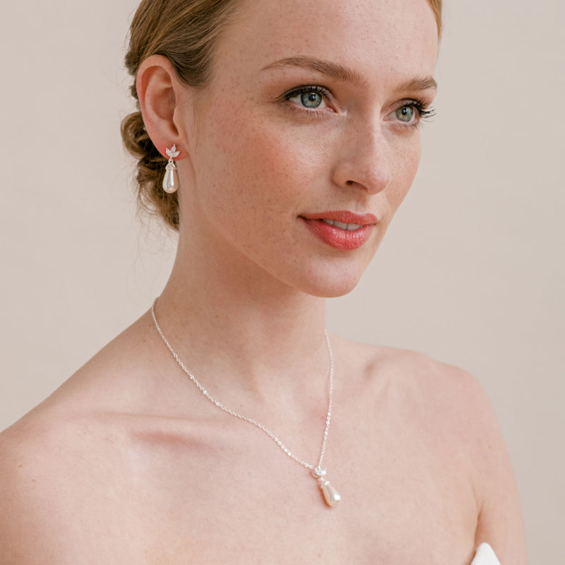 Fleurette navette teardrop pearl earrings and necklace set (silver) - Liberty in Love