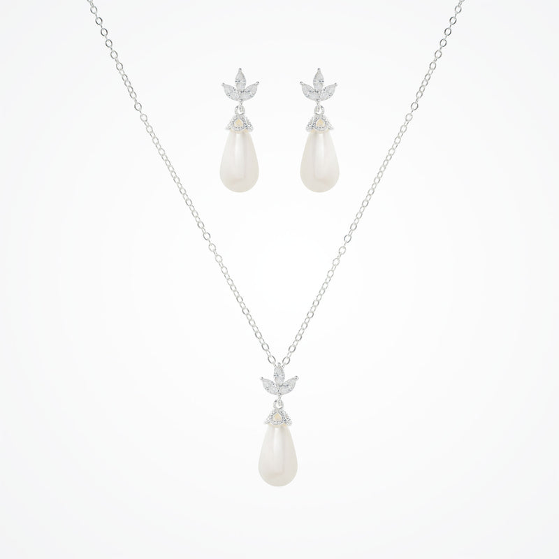 Fleurette navette teardrop pearl earrings and necklace set (silver) - Liberty in Love