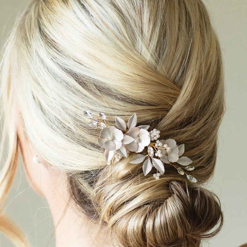 Gardenia crystal and pearl enamelled floral clip (gold) - Liberty in Love