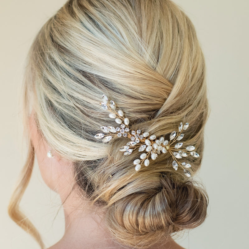 Shimmer crystal and pearl leafy comb (gold) - Liberty in Love