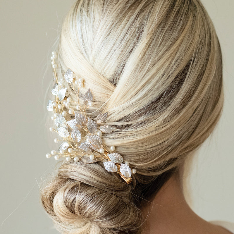 Summer breeze pearl enamelled leaf sprig clip (gold) - Liberty in Love