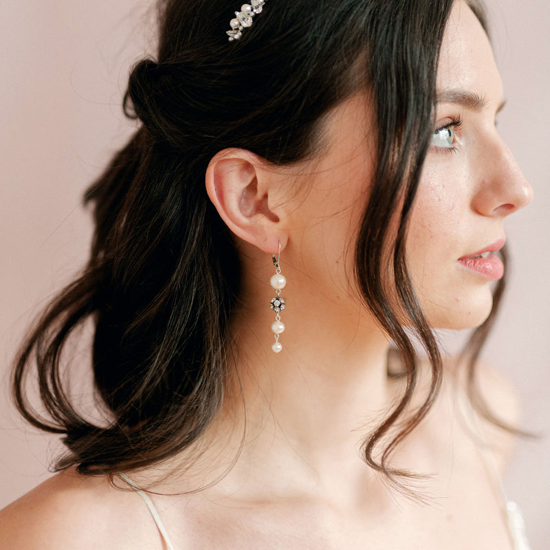 Joy long drop pearl earrings (silver) - Liberty in Love