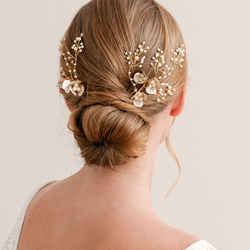 Lorelai enameled floral pearl sprig hair pins - Liberty in Love