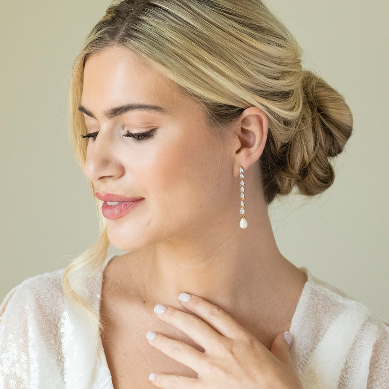 Melbourne crystal long pearl drop earrings (gold) - Liberty in Love