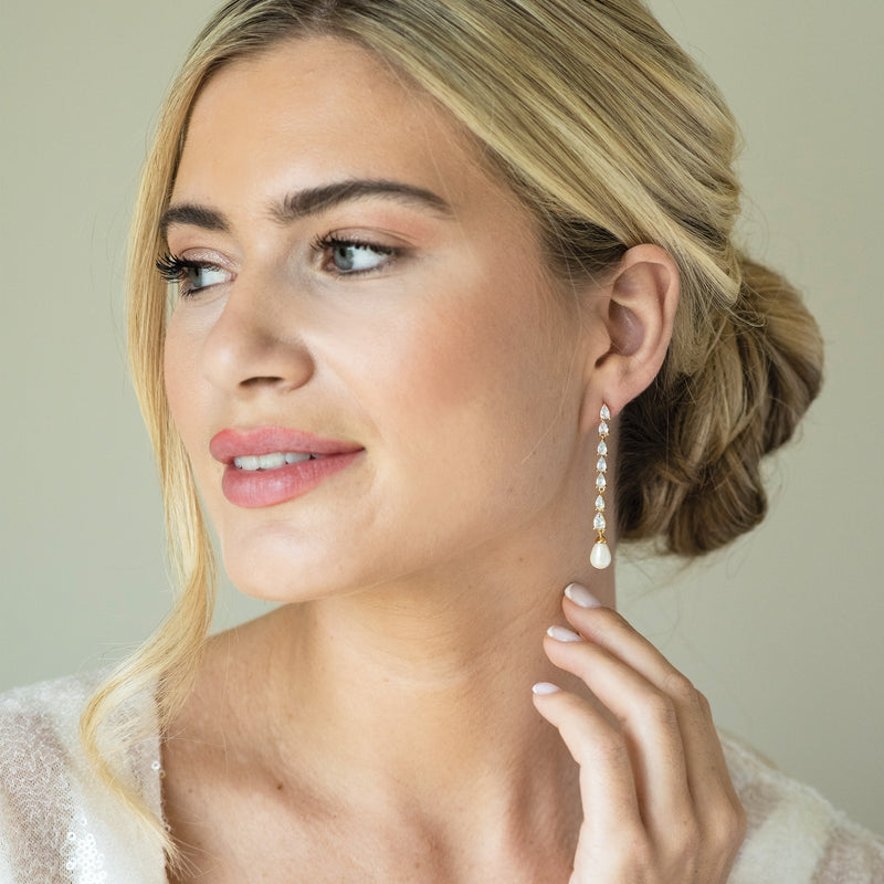 Melbourne crystal long pearl drop earrings (gold) - Liberty in Love