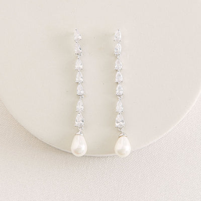 Melbourne crystal long pearl drop earrings (silver) - Liberty in Love