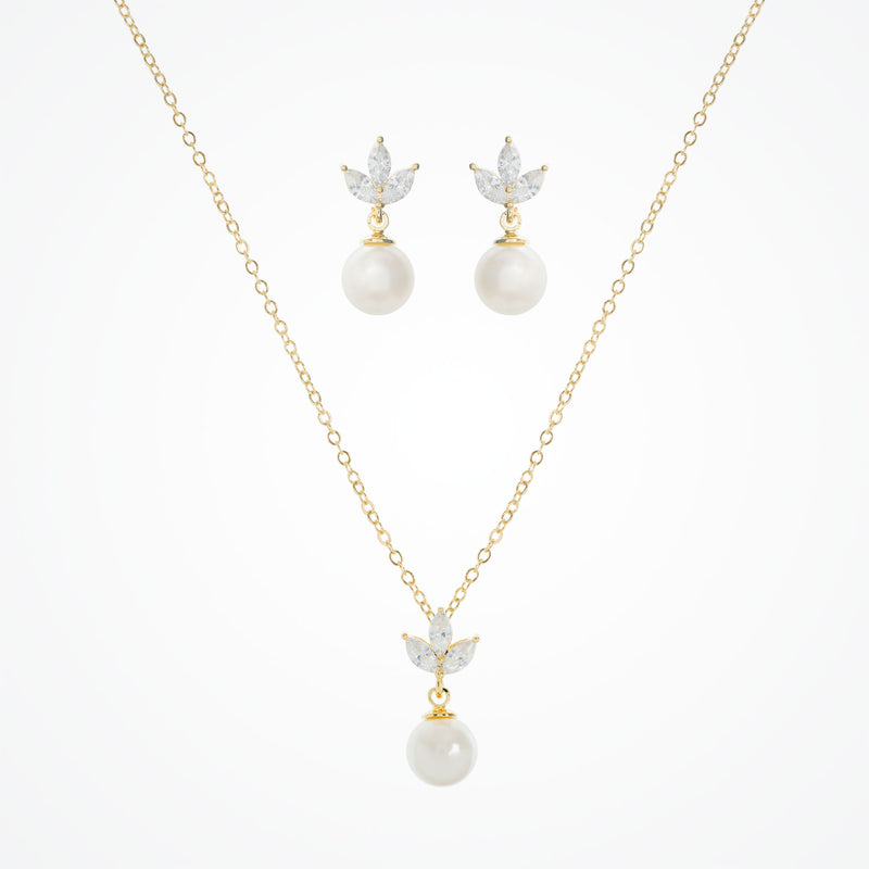 Romy navette pearl drop earrings and necklace set (gold) - Liberty in Love